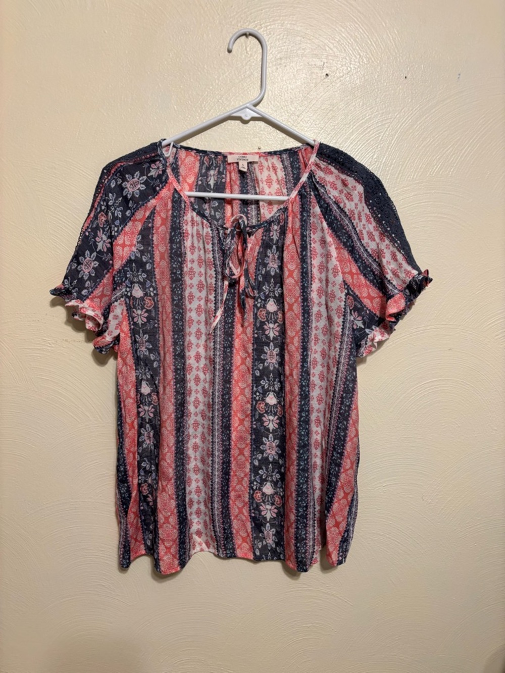 Como Vintage Boho Blouse Floral Stripe Tie Neck Top Size Large